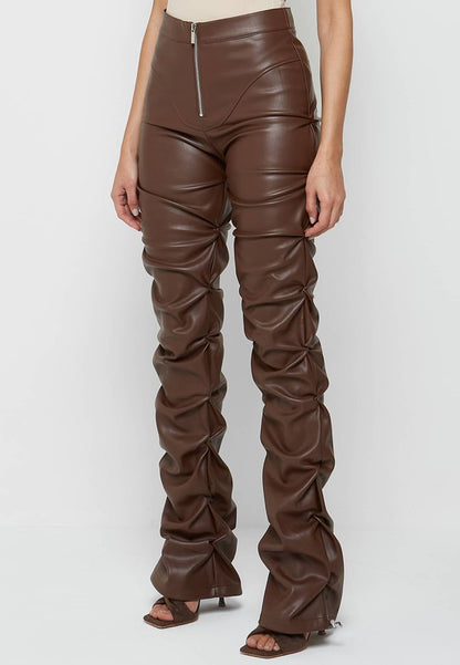 Athens Chic: High-Waisted Brown Leather Pants
