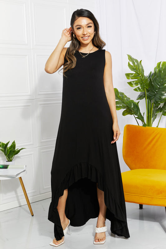 Midnight Glamour: Black High-Low Ruffled Maxi Dress