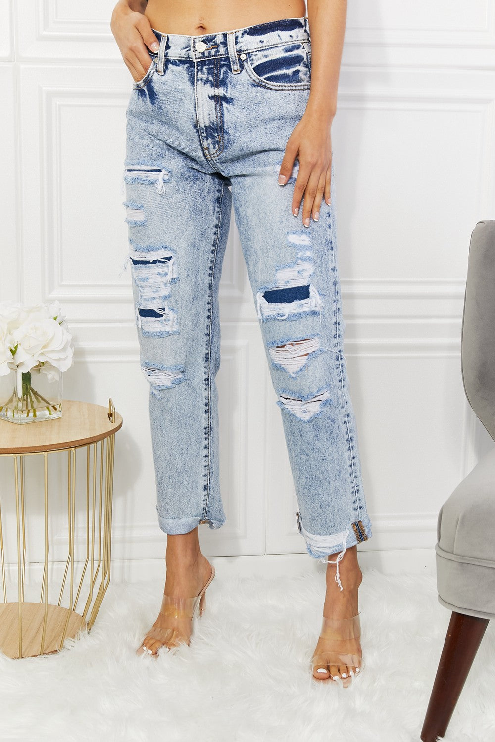 The Kendra: Denim High Rise Distressed Straight Jeans by Kancan