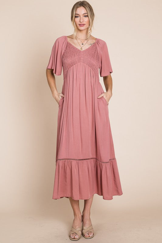 Romantic Ruche: Smocked Pocket Midi Dress in Rouge Pink