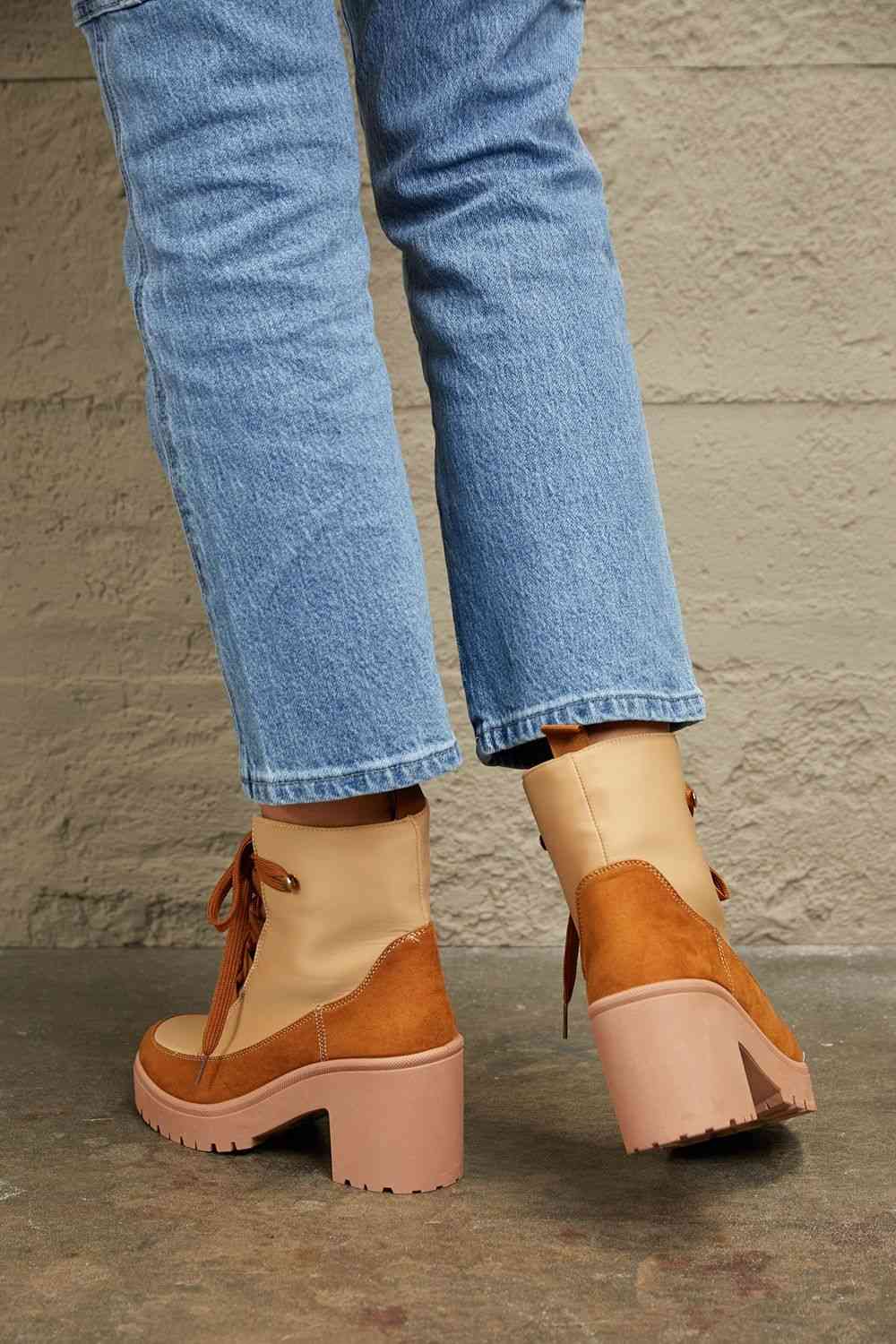 The Ida: Tan Lace Up Lug Booties by East Lion Corp