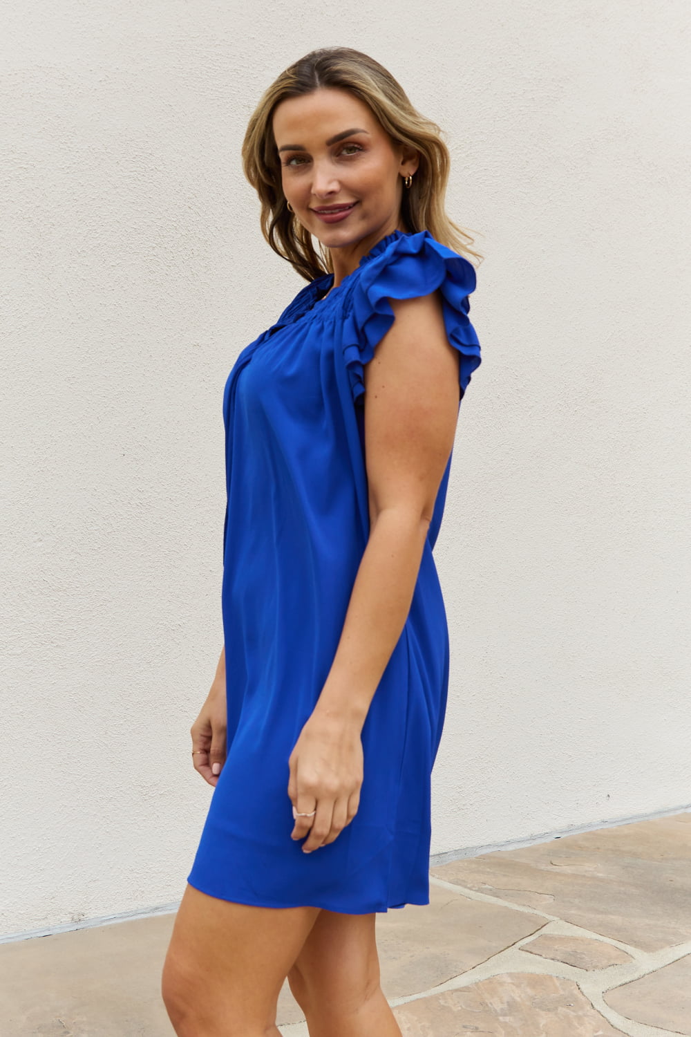 The Roswell: Royal Blue Ruffle Sleeve Smocked Detail Mini Dress