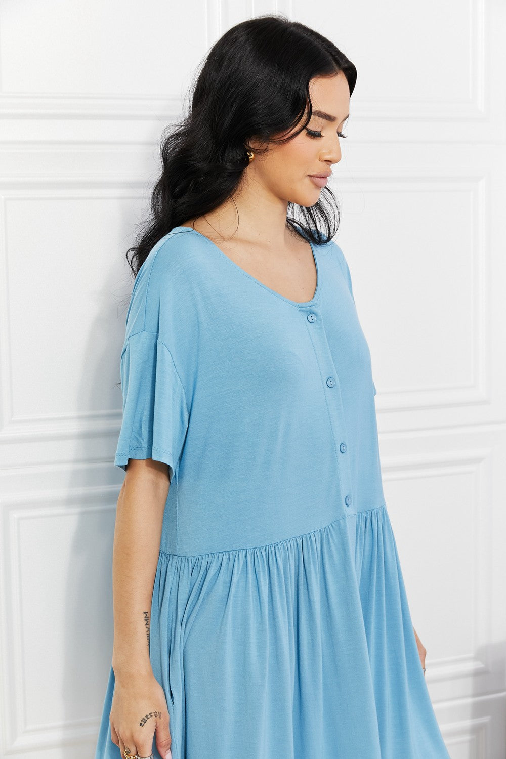 The Fernley: Sky Blue Button Up Flare Dress