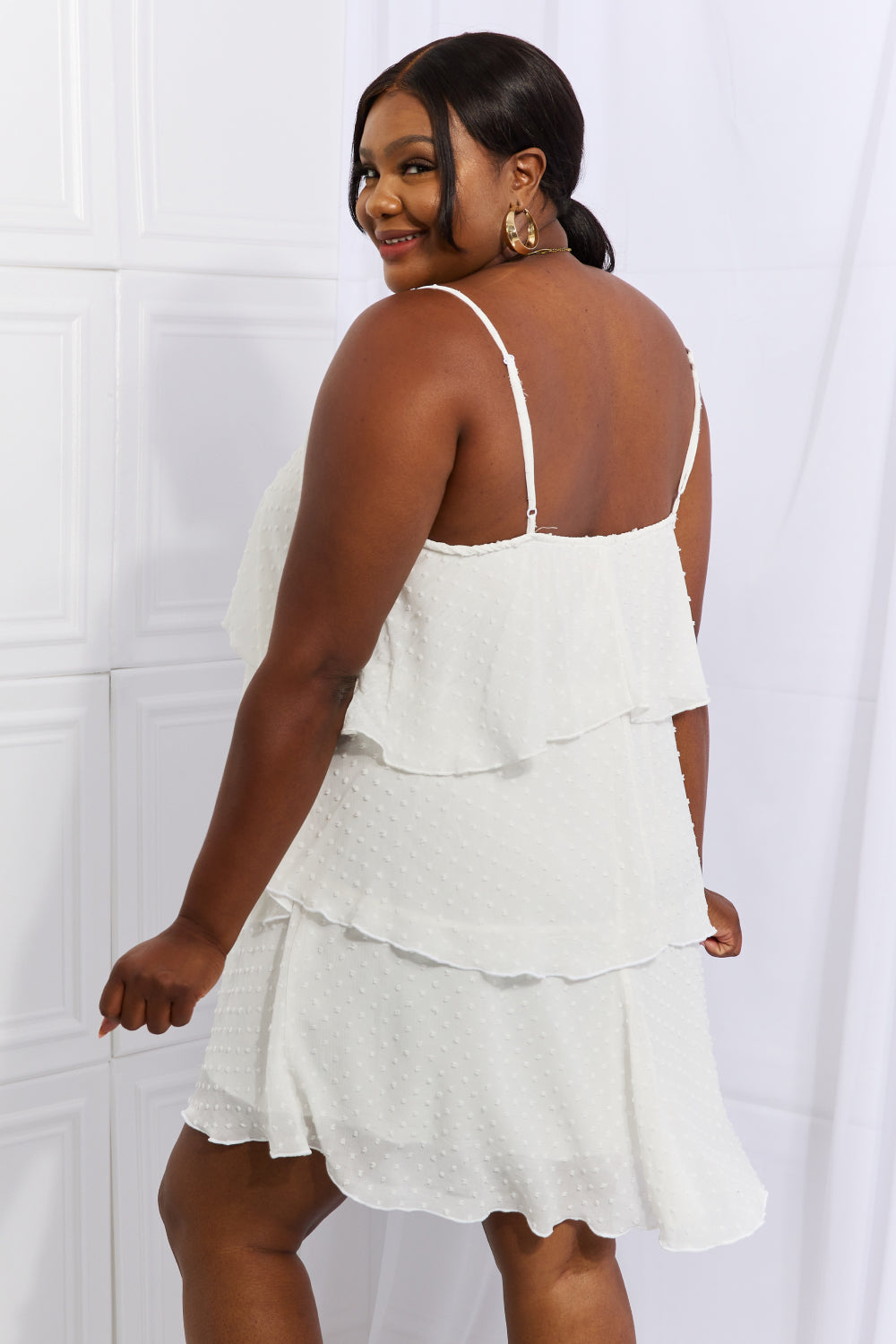 Whimsical Breeze: Soft White Cascade Ruffle Style Cami Dress