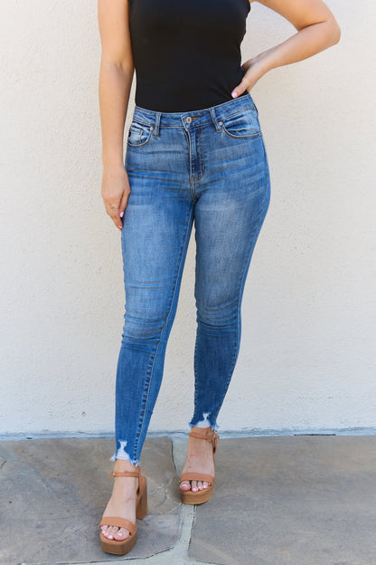 The Lindsay: Denim Raw Hem High Rise Skinny Jeans