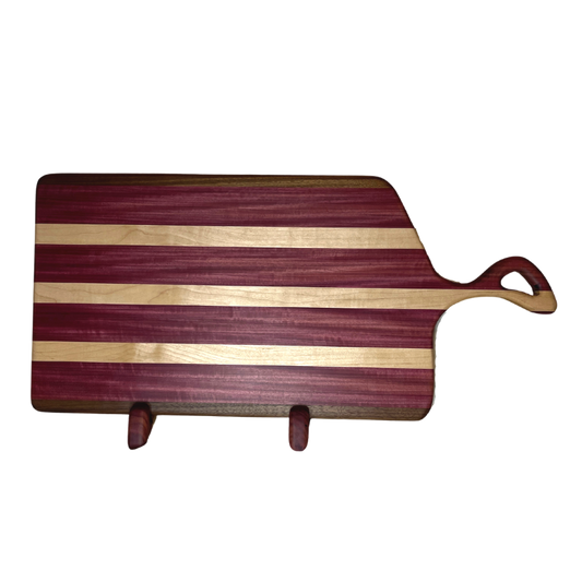 Extra Large Purple Heart, Walnut, and Maple Hand-Crafted in Athens, GA Large Charcuterie Board with Handle