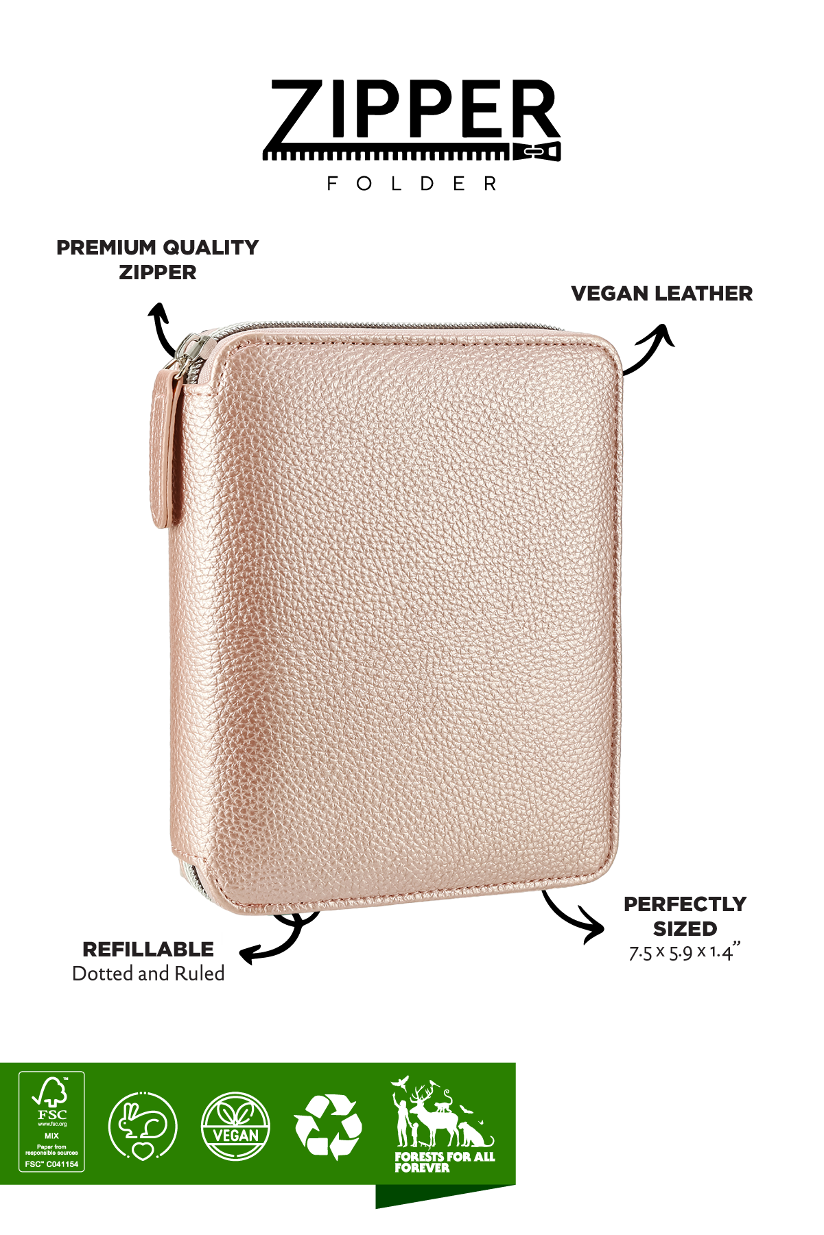 Zippered Vegan Leather Portfolio Notebook / Diary (Rose Gold: Ruled