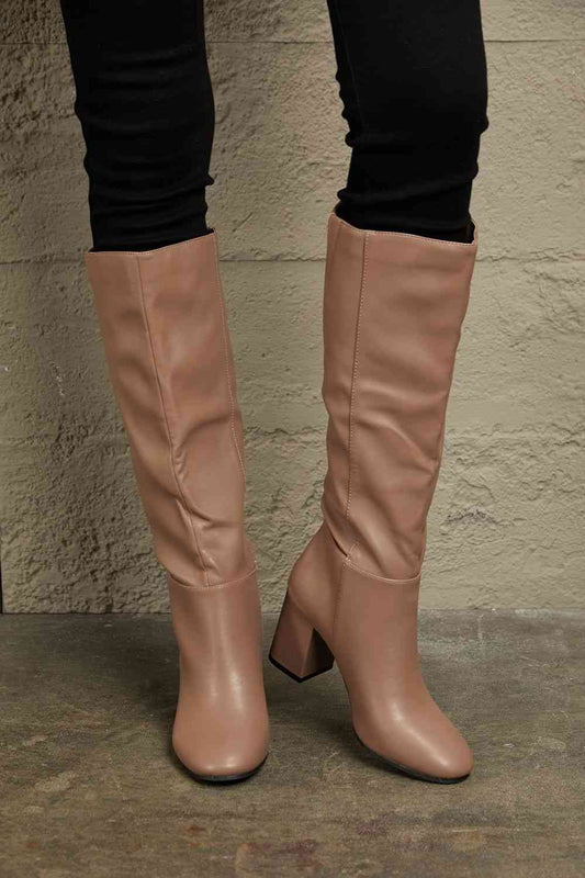 The Pallas: Mocha Block Heel Knee High Boots by East Lion Corp