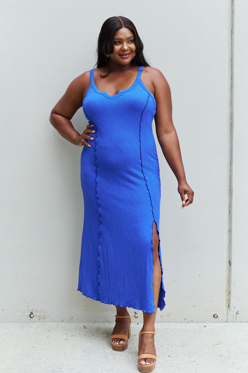 Bold Blue Elegance: Notch Neck Maxi Dress with Slit in Cobalt Blue