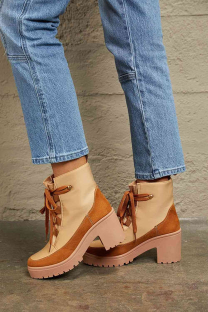 The Ida: Tan Lace Up Lug Booties by East Lion Corp
