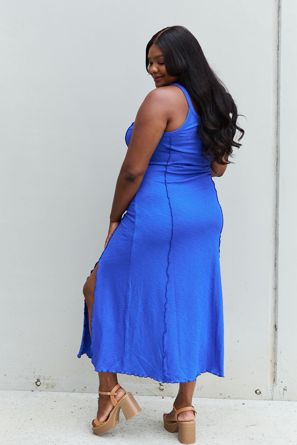 Bold Blue Elegance: Notch Neck Maxi Dress with Slit in Cobalt Blue