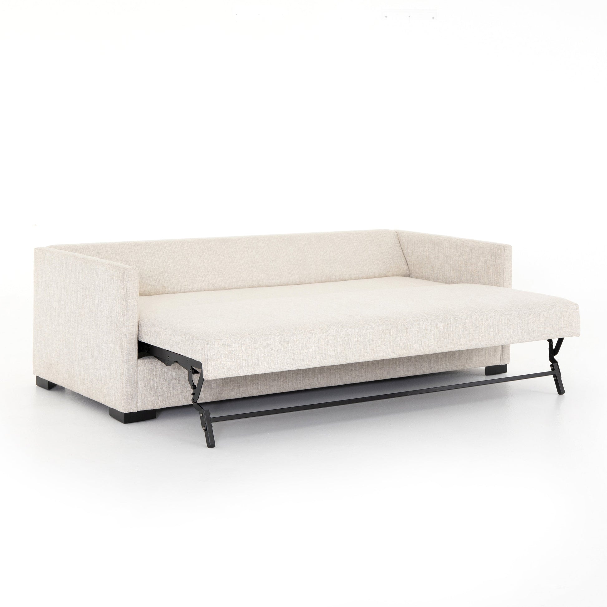 A contemporary sofa bed featuring knife-edge cushions and high-end fabric for ultimate comfort and style. The queen-size bed hidden within makes it effortless to accommodate overnight guests or enjoy cozy movie nights. Durable performance fabric ensures resistance to spills, stains, and high traffic, making it a long-lasting choice for busy households. 